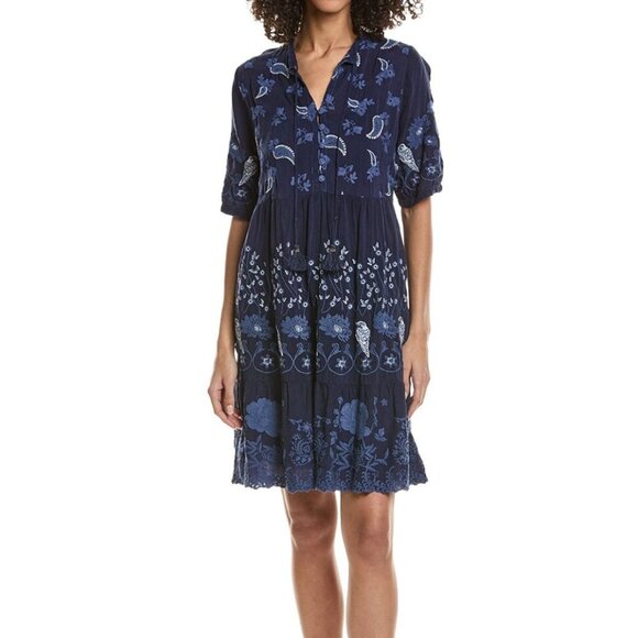 Johnny Was $480 Eirlys Mini Dress Size Small Floral Embroidered Birds in Blue